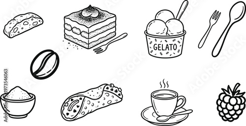 A charming hand drawn collection of delectable desserts and breakfast items beautifully arranged on a white background