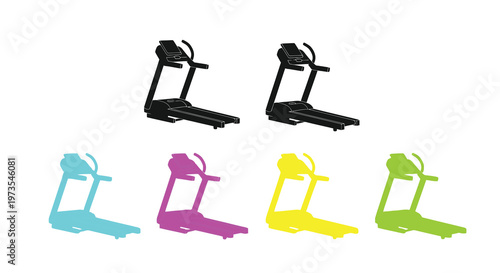 Four colorful renderings of a modern treadmill on a white background