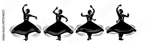 Indian classical dance performance captured in a sequence of four dynamic silhouettes of a dancer in mid-twirl