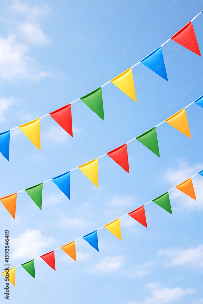 Obraz premium Colorful triangular flags on a string against blue sky