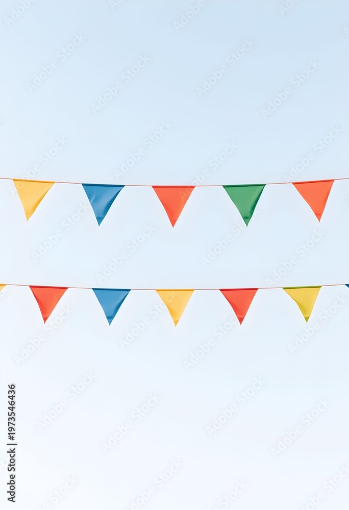 Obraz premium Colorful triangular flags on a string against blue sky background