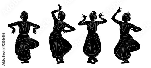Dynamic black silhouettes of female performers engaging in traditional Indian classical dance, representing cultural heritage and graceful movement