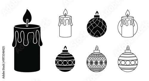 Black and white illustration of various shaped and patterned candles