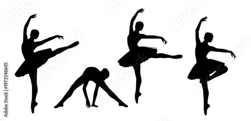 Dynamic collection of silhouetted ballet dancers gracefully posing in various classical and stretching positions, capturing the artistry and fluidity of movement on stage