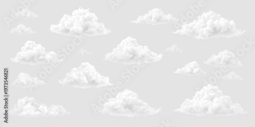 A set of white fluffy clouds on a light gray background in a vector graphic illustration