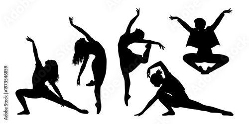 Dynamic collection of female silhouettes in graceful dance and yoga poses, illustrating movement, flexibility, and the artistic expression of the human form in various elegant postures