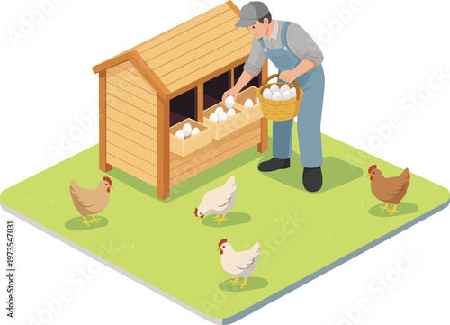 Isometric farm scene showing a farmer collecting eggs from a wooden chicken coop surrounded by hens on green grass.