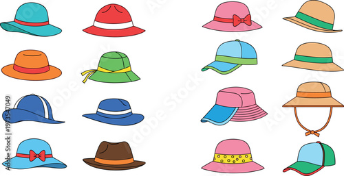 Cartoon vector illustration of stylish hats in colorful fashion headwear collection
