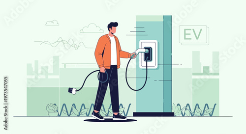 Man charging electric car at EV station, sustainable transport concept