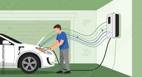 Man charging electric car at home with wall charger, clean energy concept