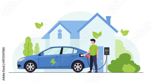 Man charging electric car at home, eco-friendly transport and sustainable lifestyle concept