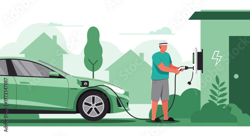 Man charging electric car at home, eco-friendly transport, sustainable lifestyle