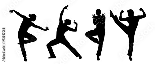 Dynamic silhouettes capturing fluid human motion, showcasing various expressive and powerful stances on a stark white background for artistic representation