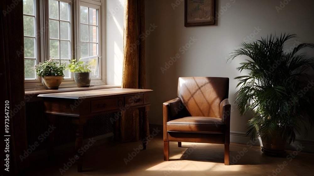 Fototapeta premium Sunlight streams into a comfortable rustic study featuring a leather armchair and lush tropical plants