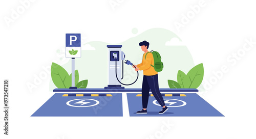 Man charging electric car at station, sustainable transport, eco-friendly lifestyle, modern technology