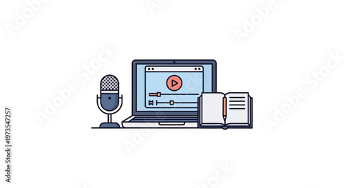 Microphone and laptop with playback.