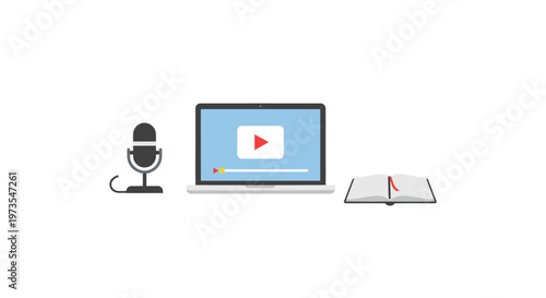 Microphone Laptop and Open Notebook.