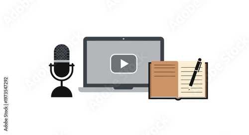 Microphone Laptop Notebook and Pen.