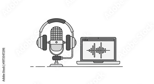 Microphone with headphones and laptop computer.