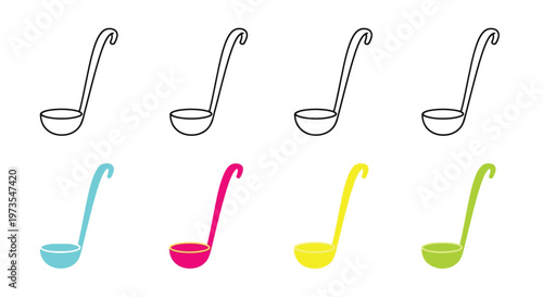 Colorful and monochrome illustrations of soup ladles arranged in a grid