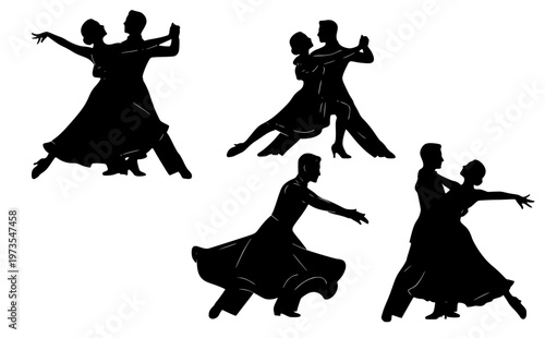 Silhouettes of couples dancing in various ballroom and social dance poses, evoking elegance and movement