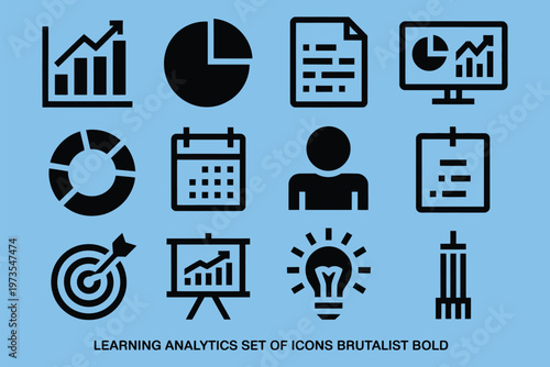 Brutalist learning icons learning analytics silhouette set bar chart pie graph report file dashboard screen progress ring calendar student avatar document icon target.