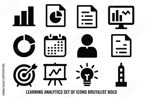 Brutalist learning icons learning analytics silhouette set bar chart pie graph report file dashboard screen progress ring calendar student avatar document icon target.