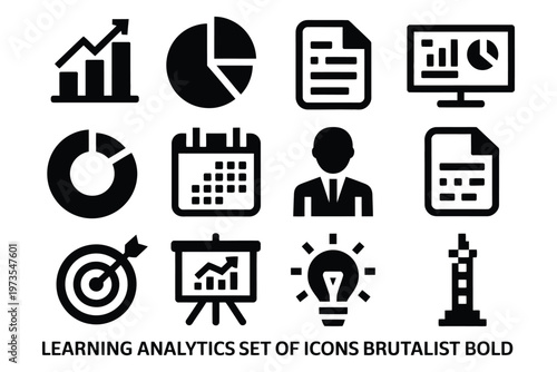 Brutalist learning icons learning analytics silhouette set bar chart pie graph report file dashboard screen progress ring calendar student avatar document icon target.