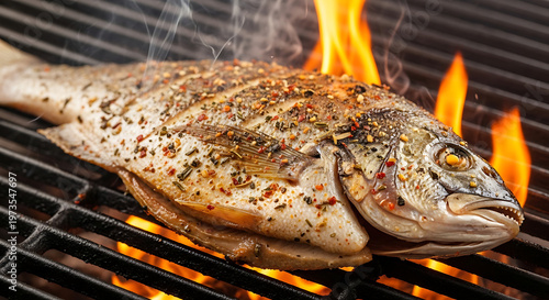 Grilled fish seasoned with herbs and spices on a hot barbecue grill with flames