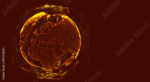 A digital model of the Earth created from glowing dots and lines. Energy orbits revolve around the planet, emphasizing global connections and the continuous exchange of information.