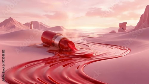 Lipstick spills on the sand, creating a river of color under the sunset glow with distant hills