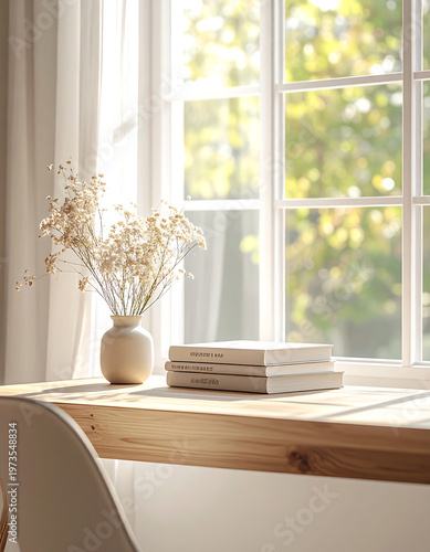 Close-up of Minimalist Desk with Stacked Books and Flowers
