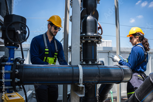 Photography Industrial engineers in safety gear inspecting large water pipe system at treatm