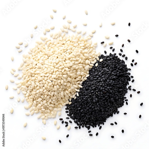 White and black sesame seeds contrast piles of seeds on white background healthy food ingredients culinary textures