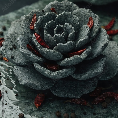Gray stone flower sculpture with red chili peppers on dark textured background macro close up