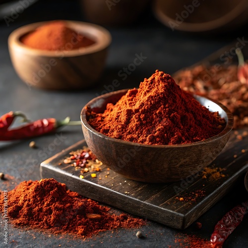 Tandoori masala spice mix in a wooden bowl on a cutting board with red chili peppers and spices scattered around on a dark background