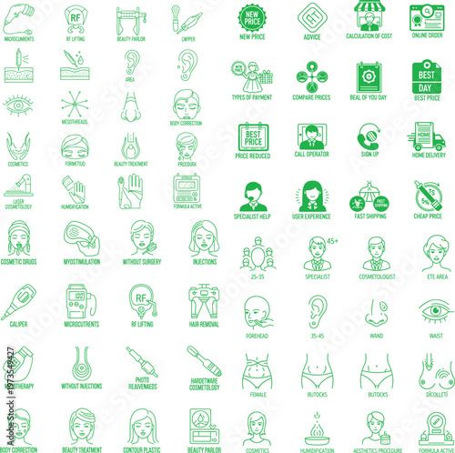 Beauty and Cosmetology Icon Set – Skincare, Facial Treatment, RF Lifting, Laser, Ecommerce and Service Line Icons Collection