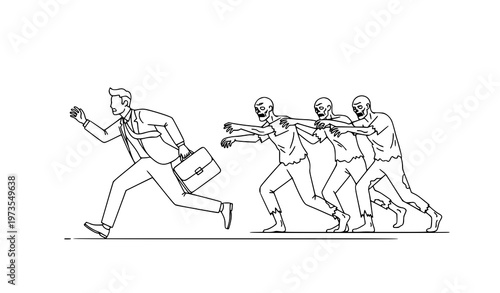 Minimal line art businessman escaping zombie chase simple outline horror concept vector illustration