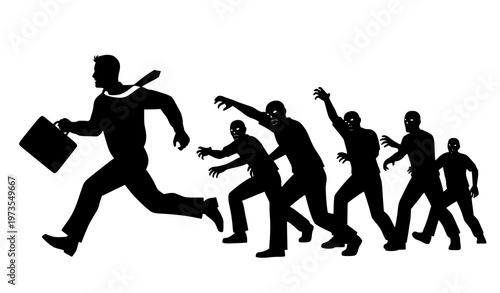 Black silhouette businessman running from zombie pursuit dramatic chase action vector illustration