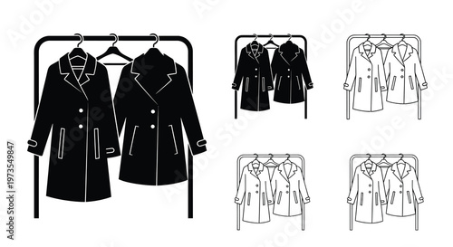 Black and white illustration of coats hanging on garment racks