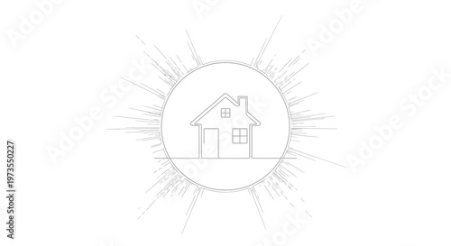 Simple line drawing of a house within a sunburst circle