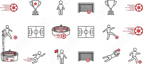 Soccer Football Action Icon Set Featuring Players, Goal Net, Stadium, Ball Motion, Trophy, Field Layout, and Match Elements