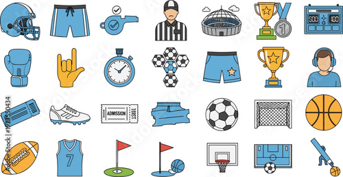 Sports Icon Set Featuring Football, Basketball, Boxing, Referee, Trophy, Stadium, Jersey, Ball, Equipment, and Athletic Game Elements