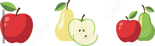 Collection of Apple and Pear Fruits with Whole and Sliced Pieces and Green Leaves for Healthy Food and Organic Design