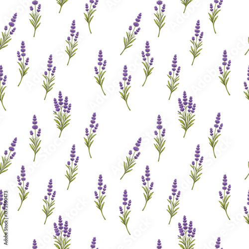 Seamless lavender botanical pattern with fragrant purple sprigs and airy elegance