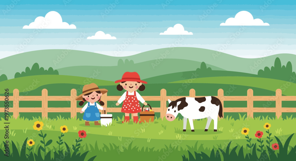 Obraz premium Two happy children with a cow on a farm.