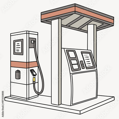 A cartoon illustration depicts a gas pump station with a minimalist design showcasing essential components for vehicle refueling high quality