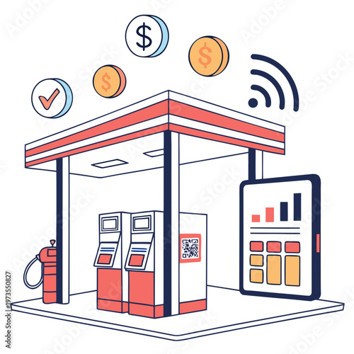 This illustration depicts a modern gas station incorporating digital payment options and wireless technology for fuel transactions high quality professional