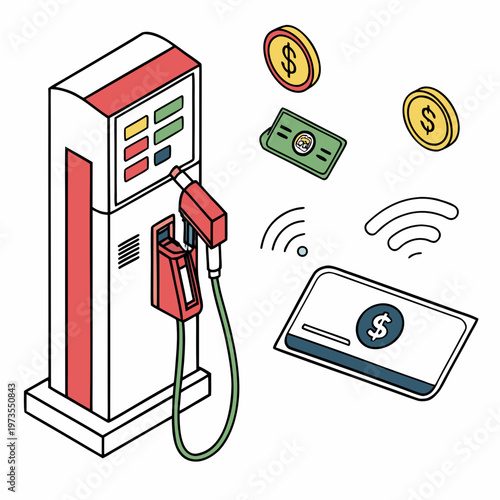 An illustrative depiction showcases a gas pump alongside various digital payment methods including cards phones and contactless technology high quality