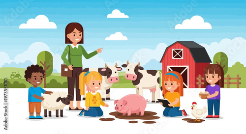 Children learning about farm animals with teacher illustration.